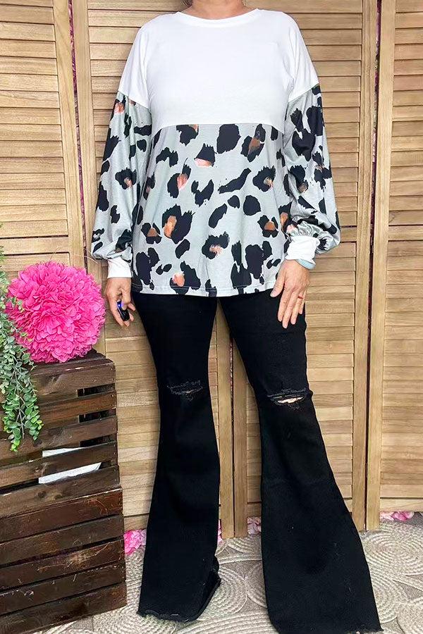 Leopard & white color block long sleeve women blouse GJQ14288