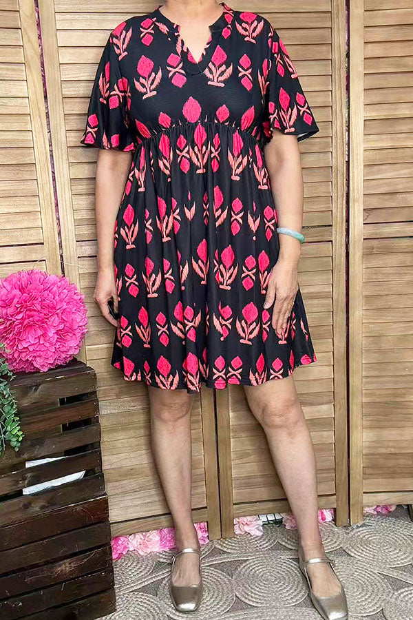 Women dress wholesale Fuchsia patterns printed & short sleeves GJQ16149