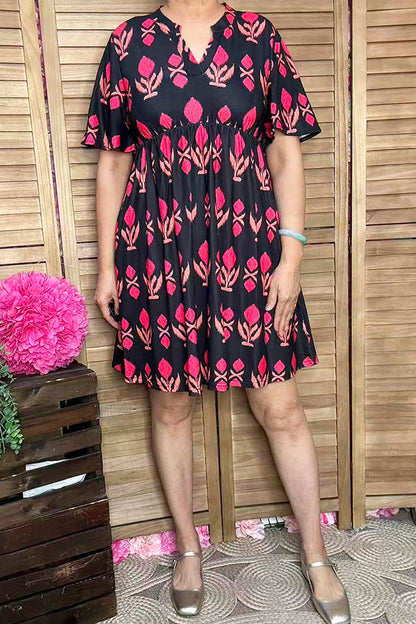 Women dress wholesale Fuchsia patterns printed & short sleeves GJQ16149