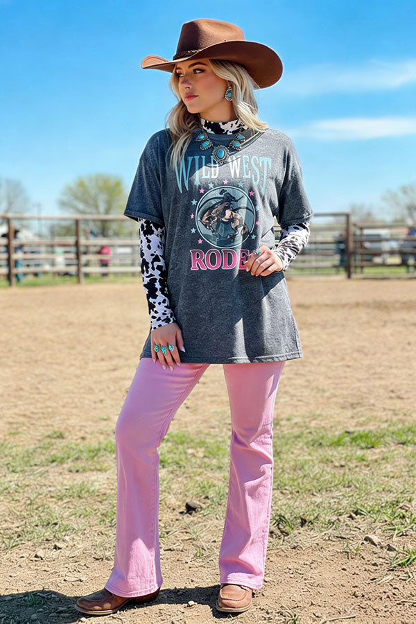 Plus size T-shirt wholesale "WILD WEST RODEO"Western gray women tops XCH14272