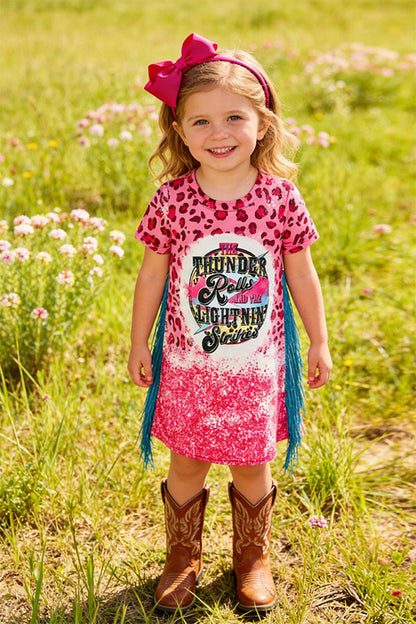 DLH2305 "THE THUNDER Rolls and the lightnin strikes" print short sleeve dress with tassels