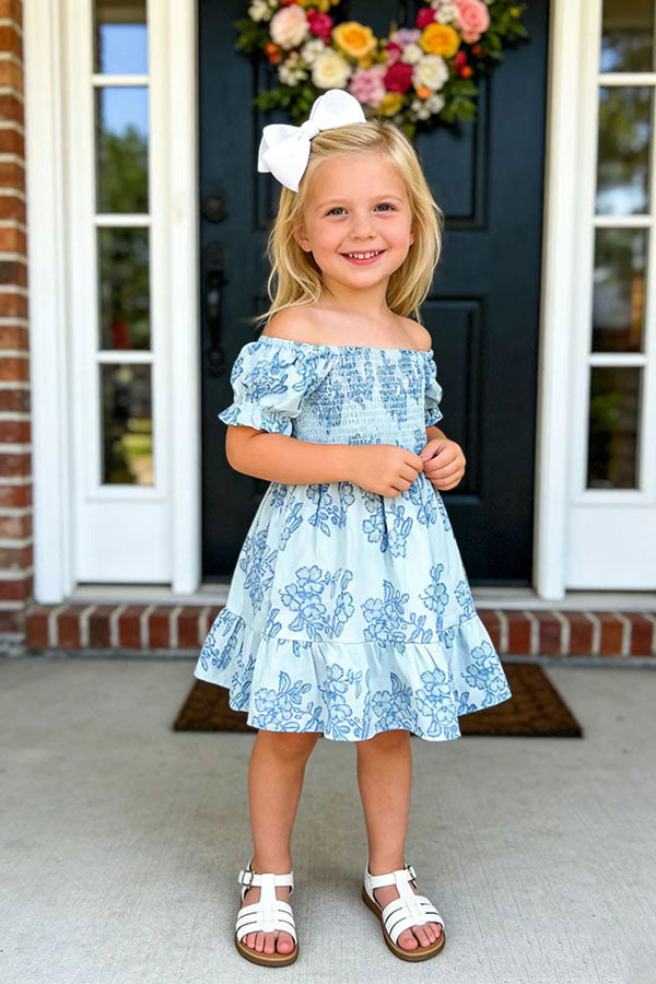 Toddler girls dress wholesale Blue floral prints & short sleeves XCH03024