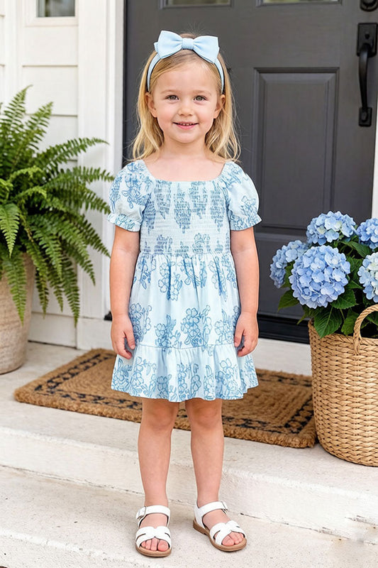Toddler girls dress wholesale Blue floral prints & short sleeves XCH03024