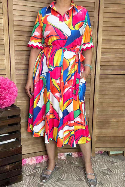 Trendy floral patterns red/white trim short sleeve boutique women's dress GJQ16190