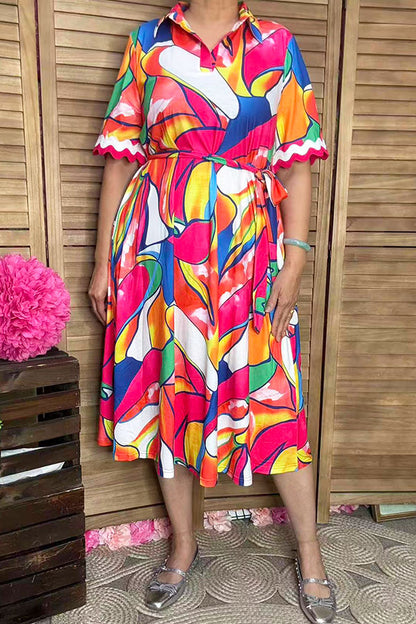 Trendy floral patterns red/white trim short sleeve boutique women's dress GJQ16190