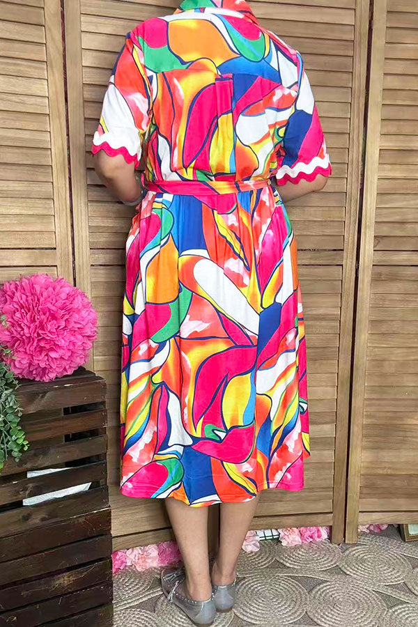 Trendy floral patterns red/white trim short sleeve boutique women's dress GJQ16190