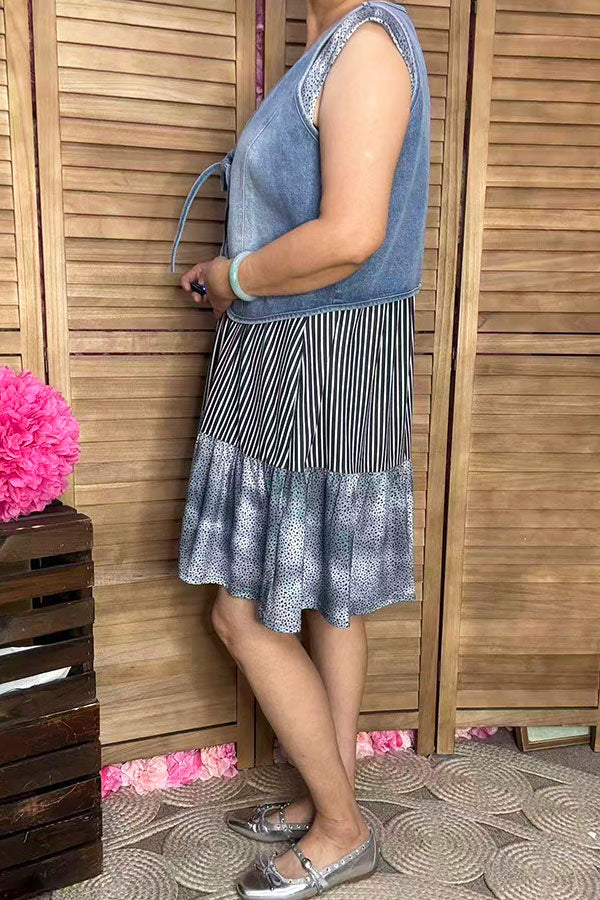 GJQ14048 Tie dye black dot black/white striped baby doll sleeveless women dress