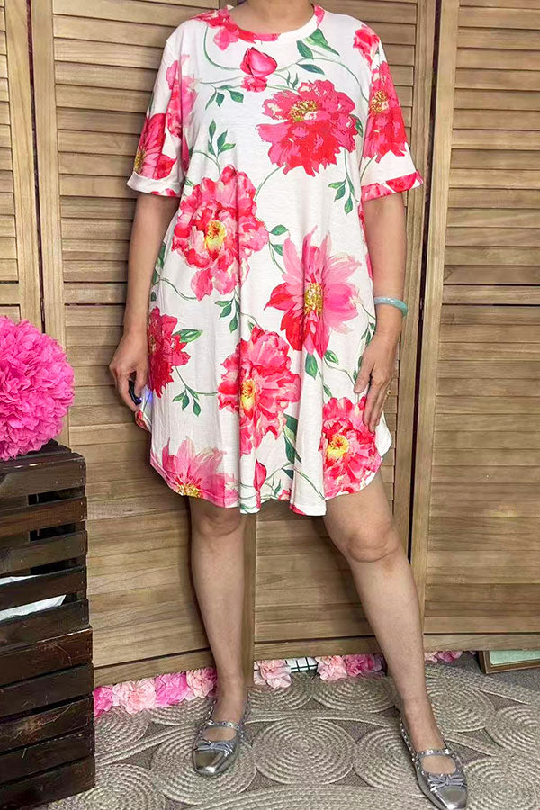 High-low style floral printed short sleeves women dresses YMY13143