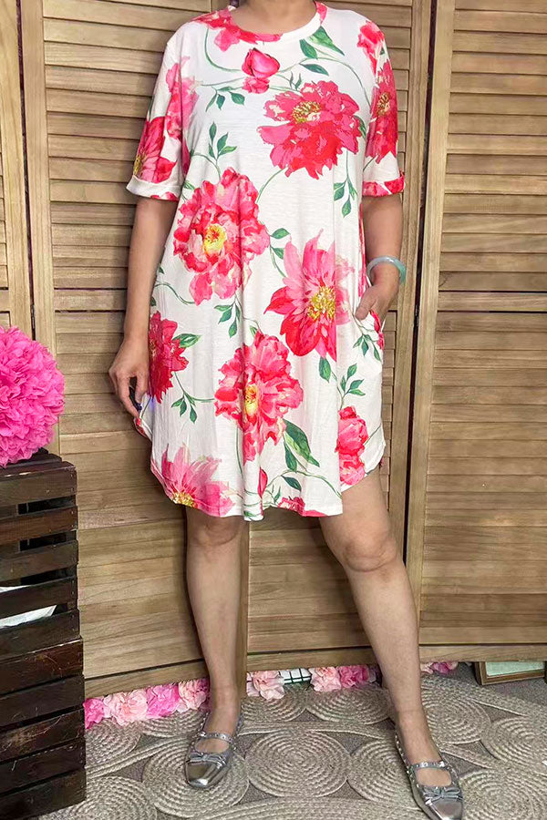 High-low style floral printed short sleeves women dresses YMY13143