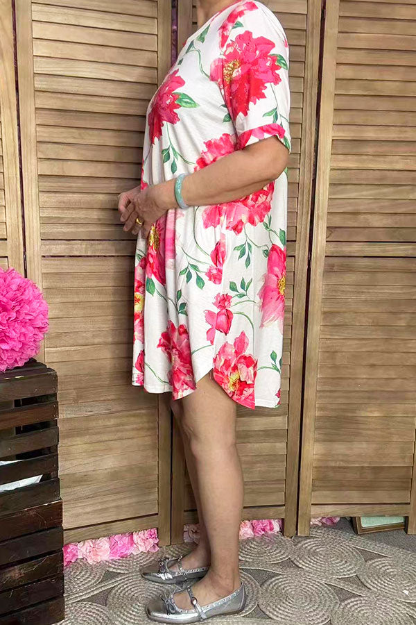 High-low style floral printed short sleeves women dresses YMY13143