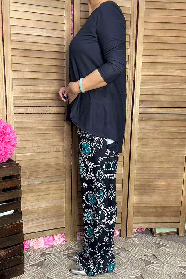 Blue 3/4 sleeve top & paisley printed pant 2pcs women sets GJQ15672