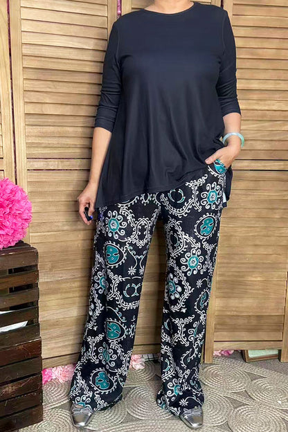 Blue 3/4 sleeve top & paisley printed pant 2pcs women sets GJQ15672