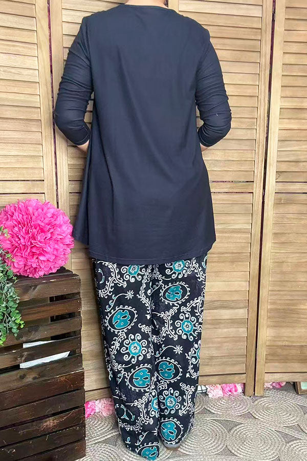 Blue 3/4 sleeve top & paisley printed pant 2pcs women sets GJQ15672