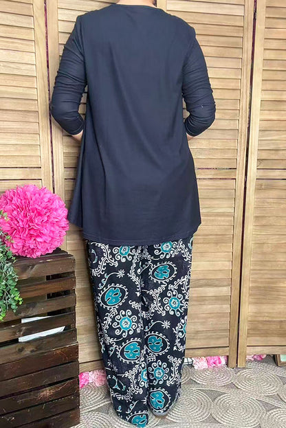 Blue 3/4 sleeve top & paisley printed pant 2pcs women sets GJQ15672