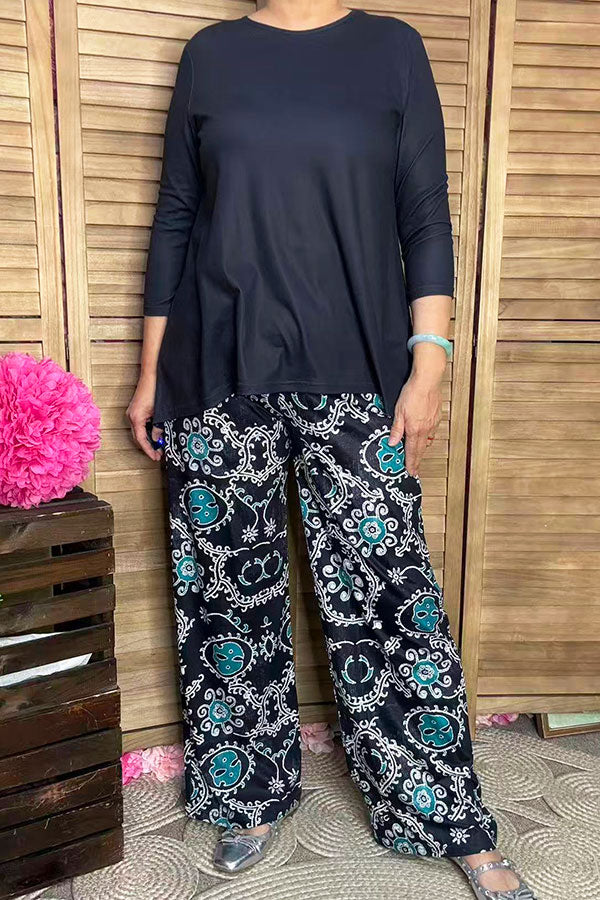 Blue 3/4 sleeve top & paisley printed pant 2pcs women sets GJQ15672