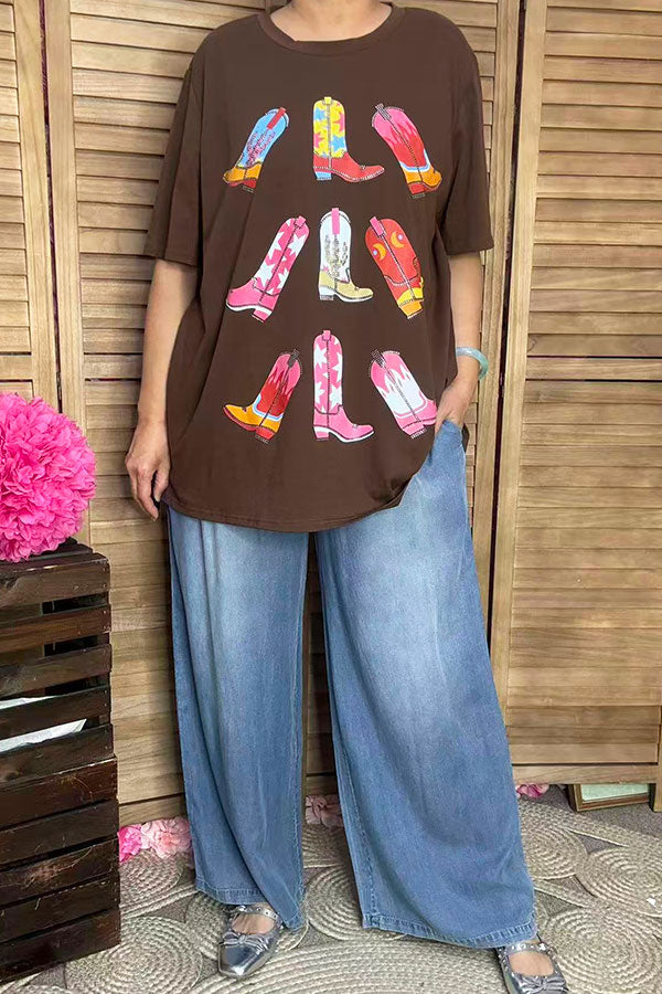 BQ14810 Sparkling rhinestone boots patterns brown short sleeve women top