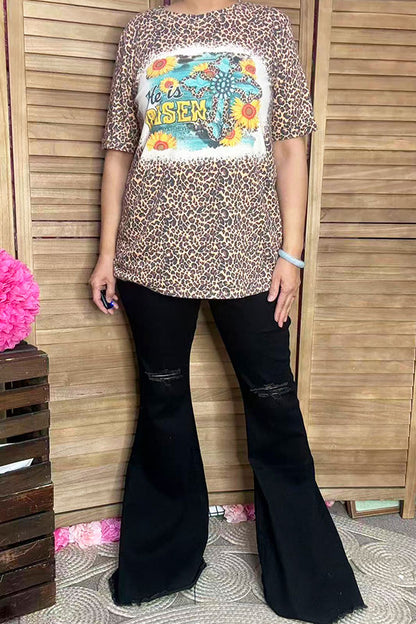 Women''s t-shirt wholesale He is Risen / Leopard printed short sleeves DLH13026