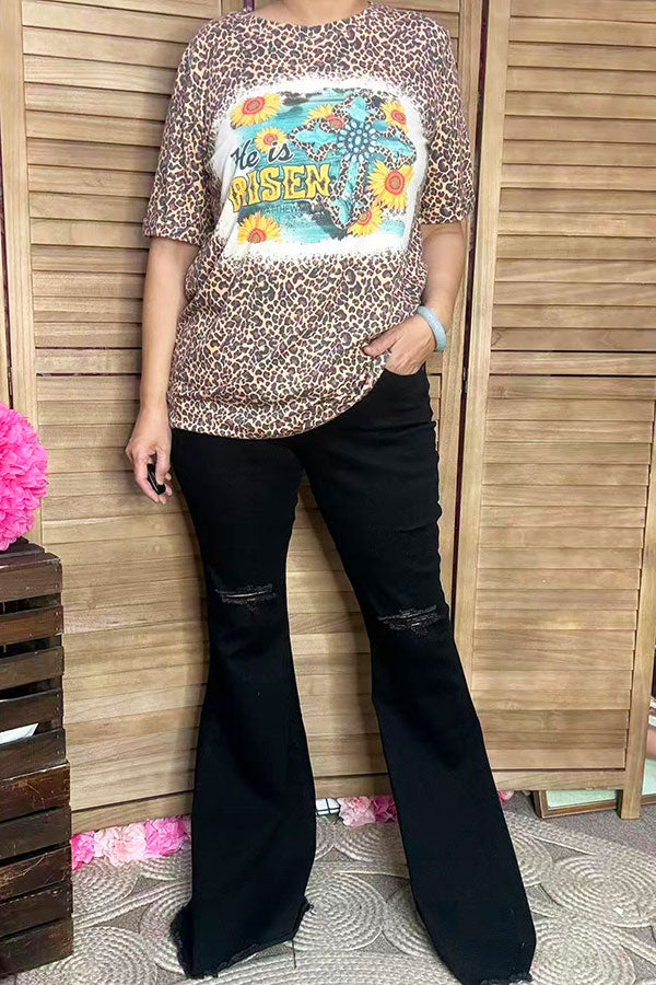 Women''s t-shirt wholesale He is Risen / Leopard printed short sleeves DLH13026