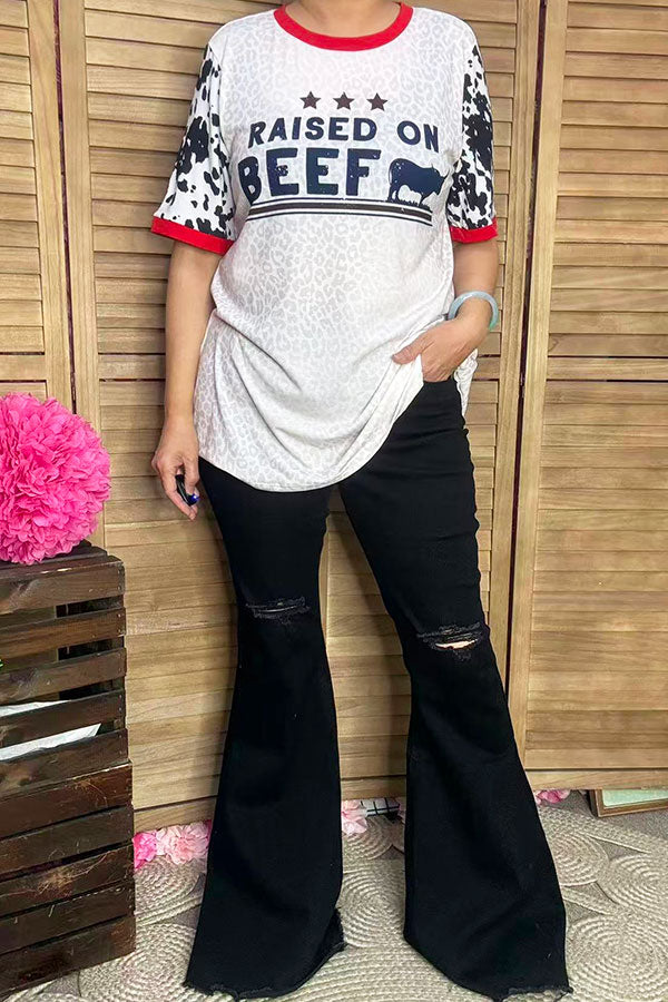XCH14431 RAISED ON BEEF printed short sleeve women top