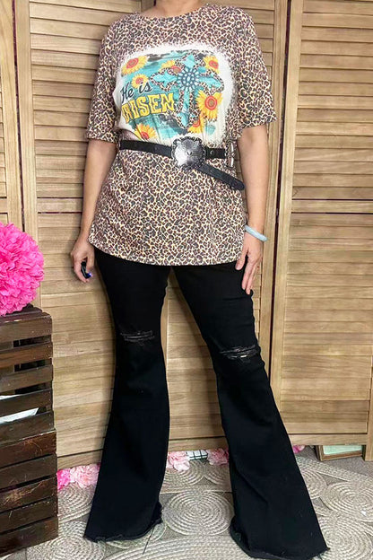 Women''s t-shirt wholesale He is Risen / Leopard printed short sleeves DLH13026