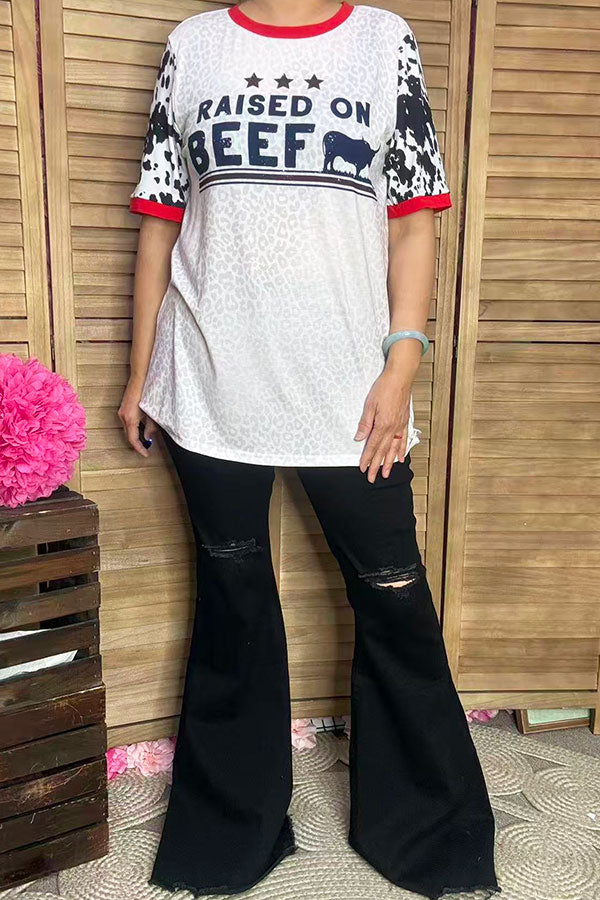 XCH14431 RAISED ON BEEF printed short sleeve women top