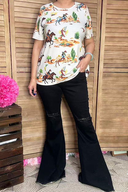 Western cowboy printed short sleeve women t-shirt XCH16916