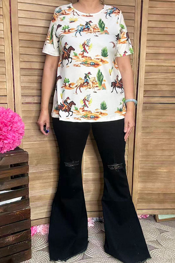 Western cowboy printed short sleeve women t-shirt XCH16916