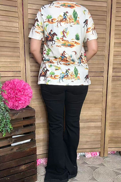 Western cowboy printed short sleeve women t-shirt XCH16916