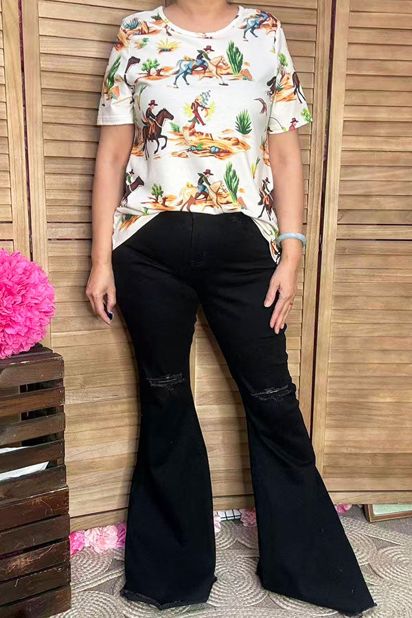 Western cowboy printed short sleeve women t-shirt XCH16916