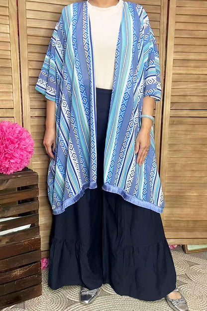 XCH10895 Blue aztec multi color printed w/trim short sleeves women cardigan