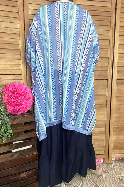 XCH10895 Blue aztec multi color printed w/trim short sleeves women cardigan