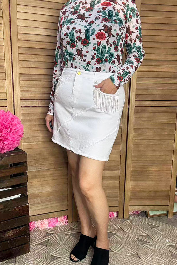 Southern Stitch Mom and me white denim rhinestone fringe women's skirt DLH13758