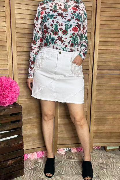 Southern Stitch Mom and me white denim rhinestone fringe women's skirt DLH13758