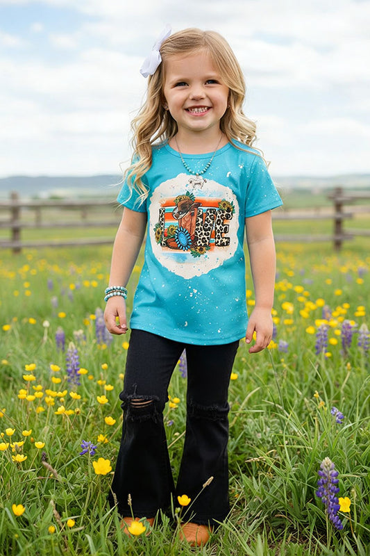 Turquoise short sleeve girl t-shirt & black jeans 2pc girls set XCH0722-2H/DLH2694