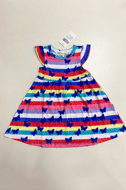 Colorful Striped Butterfly Print Flutter Sleeve A-Line Girls Dress XCH03006