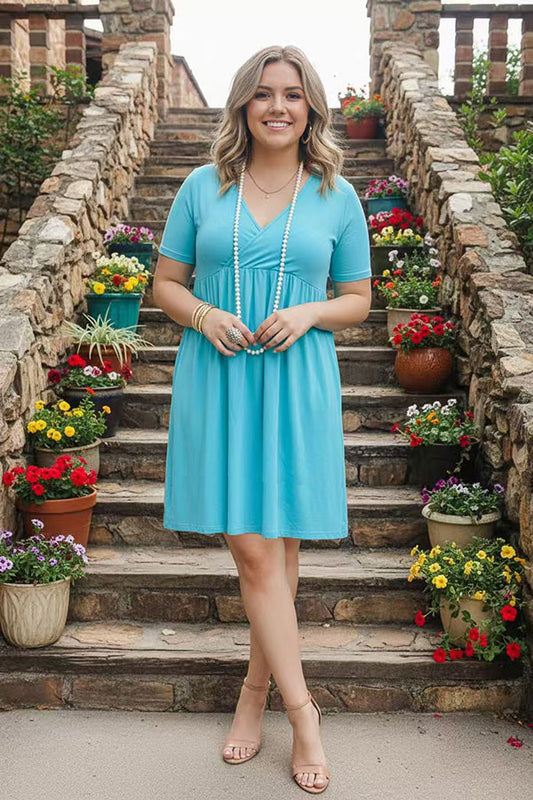 GJQ14589-2 Solid color blue short sleeve women dress w/pockets