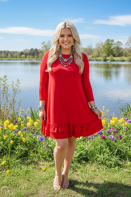 GJQ15500 Red solid color 3/4 sleeve double ruffle bottom w/side pockets women dress