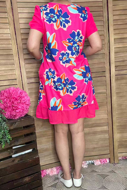 YMY14747 Floral printed ruffle short sleeve w/side pockets women dress