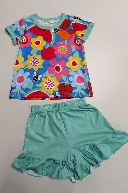 Summer flower & watermelon printed top & mint shorts 2pc girls set XCH04011