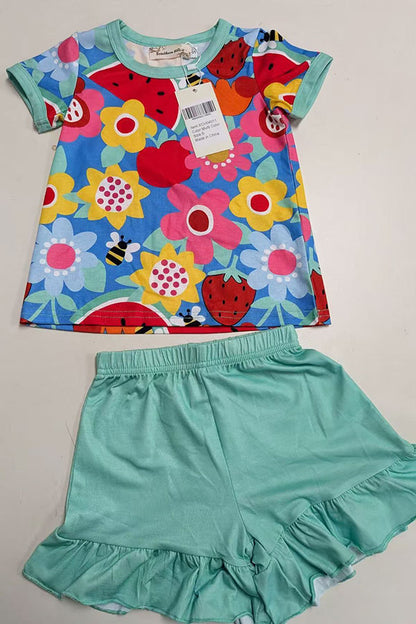 Summer flower & watermelon printed top & mint shorts 2pc girls set XCH04011