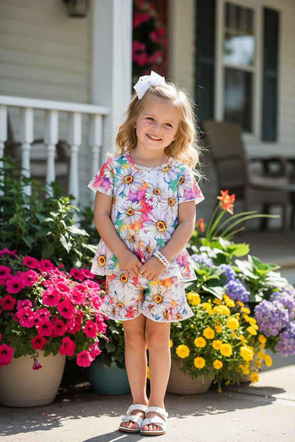 Floral short sleeve top & shorts 2pcs girls set XCH0666-6H