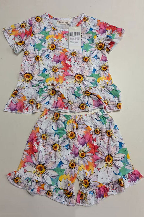 Floral short sleeve top & shorts 2pcs girls set XCH0666-6H