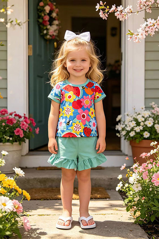 Summer flower & watermelon printed top & mint shorts 2pc girls set XCH04011