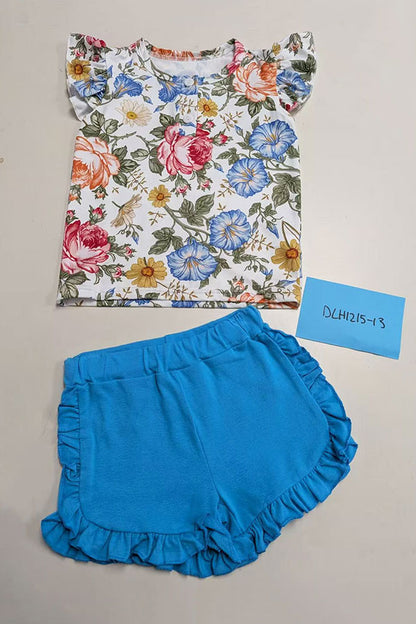 Floral flutter sleeve top & blue shorts 2pc girls sets DLH1215-13