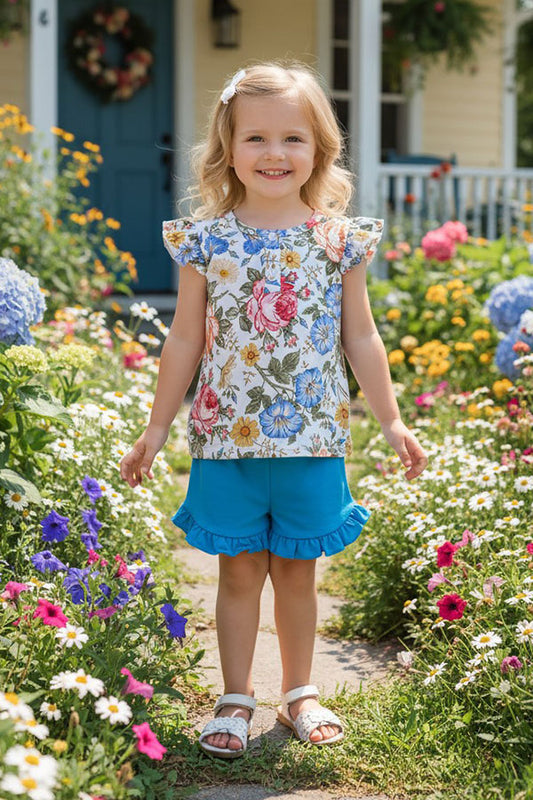 Floral flutter sleeve top & blue shorts 2pc girls sets DLH1215-13