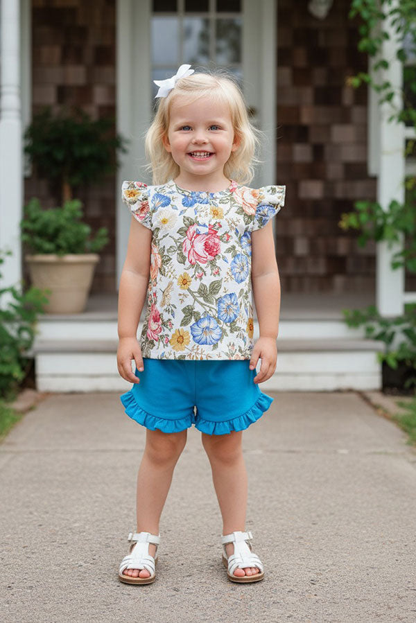 Floral flutter sleeve top & blue shorts 2pc girls sets DLH1215-13