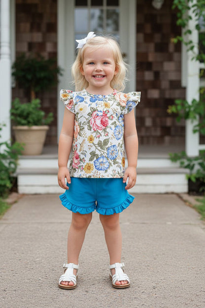 Floral flutter sleeve top & blue shorts 2pc girls sets DLH1215-13