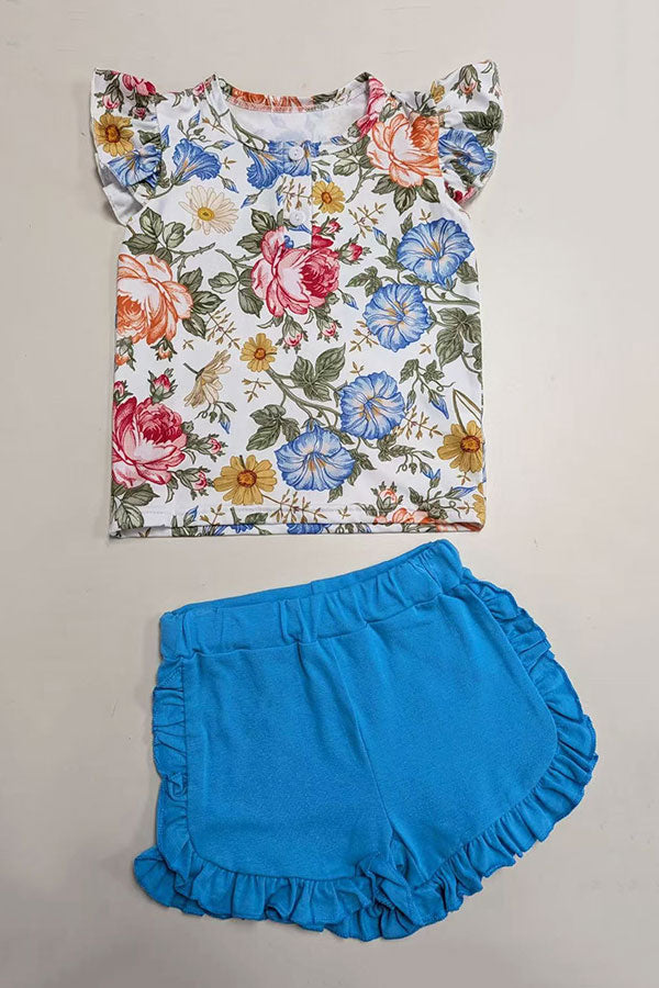 Floral flutter sleeve top & blue shorts 2pc girls sets DLH1215-13