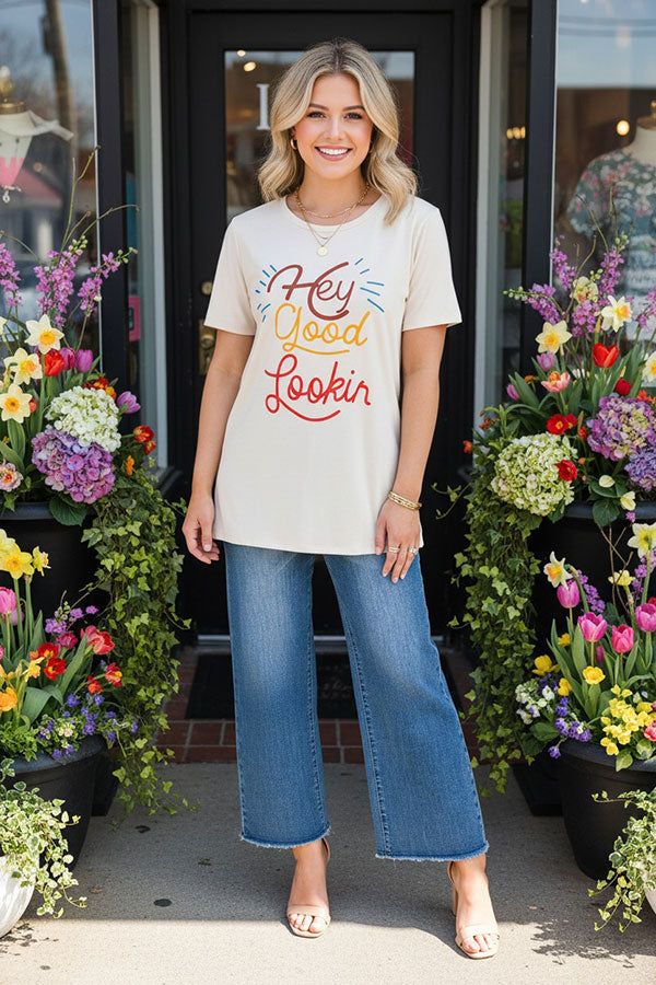"Hey Good Lookin" printed simple short sleeve women t-shirt HX5115