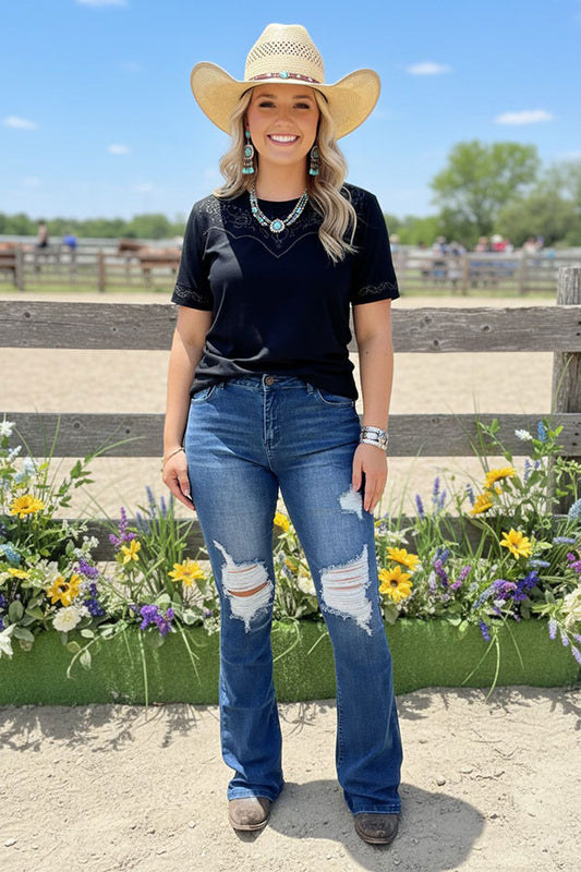 Wased blue distressed jeans bootcut denim women's pants S003